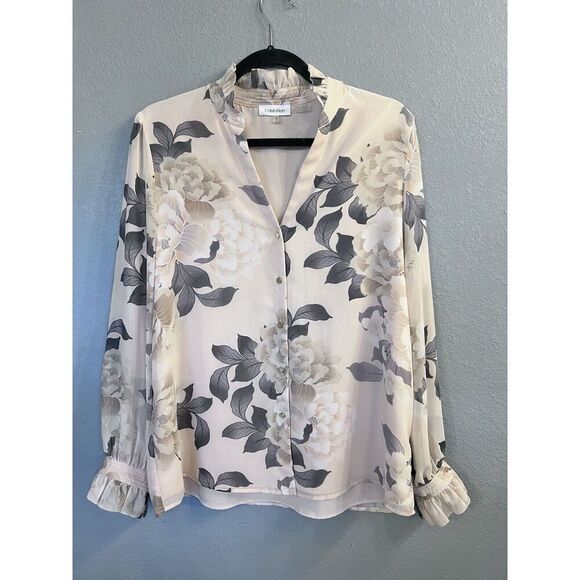 Calvin Klein Peach Floral/Grey‎ Button Up Blouse Size M Flowers Ruffles EUC - Picture 1 of 8